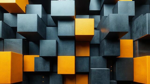 Abstract geometric background showing a textured wall of black and orange cubes arranging in a three dimensional pattern, creating a modern, architectural, and dynamic visual