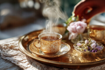 Tray of Drinks with Elegant Tea Set and Flowers on a Sunlit Table, Capturing a Serene Morning