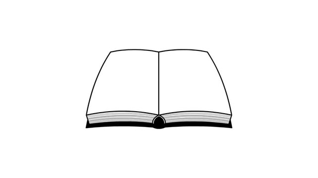 Animated cartoon style video of a black and white book turning pages on a green background, art, 2D, drawing.