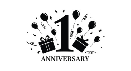 First anniversary celebration with balloons gifts and a bold number one silhouette