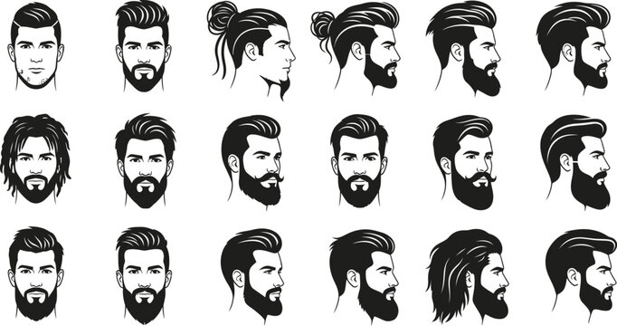 Collection of male hairstyles and beard styles, diverse looks for men, portrait illustrations, isolated on transparent background, grooming