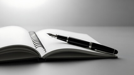 A fountain pen rests on an open notebook with blank pages, symbolizing writing and creation.