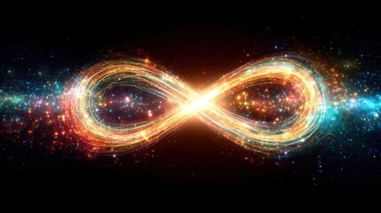Infinite light trail creating an infinity symbol for abstract technology, energy, and cosmic background. Concept of limitless connection.