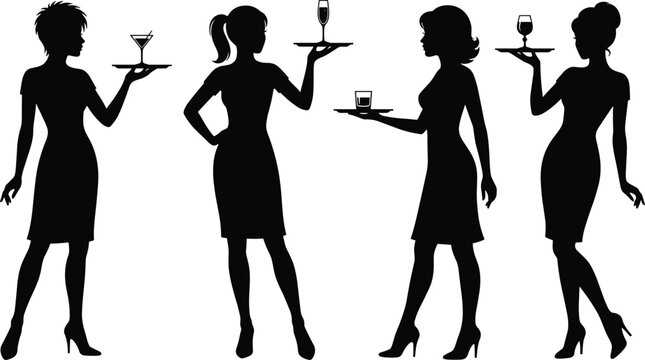 Elegant waitress silhouette set serving drinks cocktails wine hospitality service restaurant luxury lifestyle professionalism and female service poses