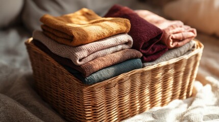 Obraz premium Cozy laundry basket with neatly folded warm knit clothes. Autumn and winter comfort at home, a simple act of organizing and coziness.