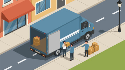People load boxes from a blue delivery truck onto a sidewalk near buildings.