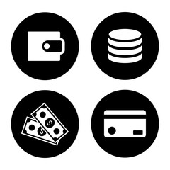 Payment options. Cash, card, wallet, and coins. Vector flat black icon.