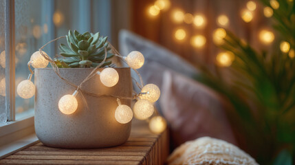 Flashing Lights Enhance Cozy Indoor Scene with Succulent in Pot Creating Warm
