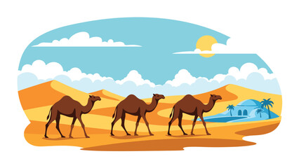 Flat vector illustration of a camel walking across desert dunes, wildlife survival behavior in extreme habitat shown for educational nature use