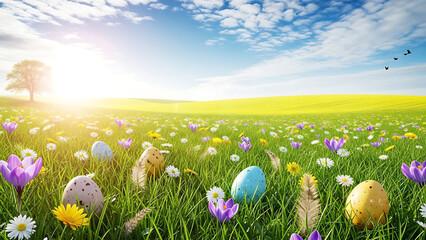 A serene Easter scene with colorful eggs and flowers in a lush green field under a bright blue sky