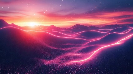 Glowing neon lines trace abstract digital dunes creating a futuristic desert landscape under a vibrant sunset sky filled with shimmering stars, evoking a retro futuristic aesthetic - Powered by Adobe