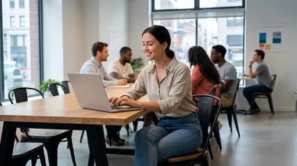 Smiling woman using laptop with AI generated graphs in office, team working with data visualization concept - Powered by Adobe