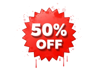 Red starburst shape with fifty percent off discount sign isolated on transparent background