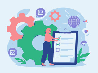 A person standing next to a clipboard with a checklist and various icons around