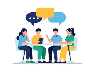 A group of people sitting around a table having a discussion with speech bubbles