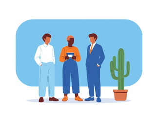 Illustration of diverse group of people standing together with a cactus and a rounded rectangle background
