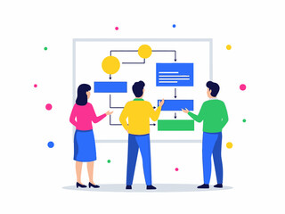 Illustration of people in business casual clothing looking at a flowchart on a board with colorful dots