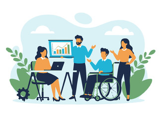 A diverse group of people collaborating and working together with a laptop and graph on screen