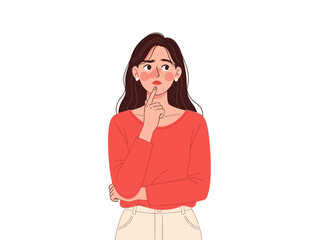 A cartoon woman in a red shirt with her finger on her chin looking thoughtful