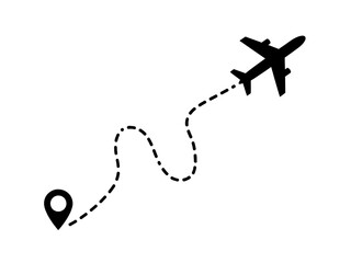 Black silhouette of airplane flying with dotted line and location pin