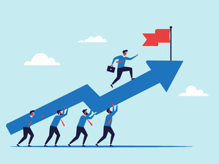 Business people pushing and climbing blue arrow with red flag on light blue background