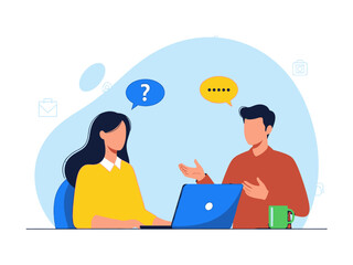 Two people discussing and using a laptop together in a meeting or collaboration setting with speech bubbles