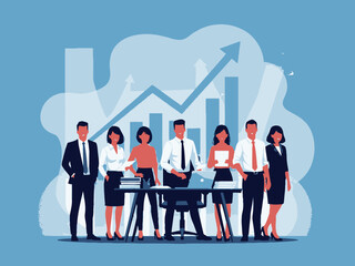 Business team standing in front of a graph and chart on a blue background for finance or marketing concepts