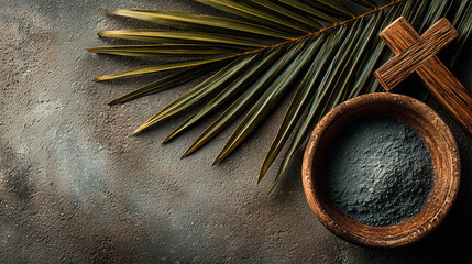 Top view of ashes in a wooden bowl with a cross and palm leaf on isolated concrete background - ai generative