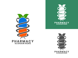 Capsule pill with medical snake and leaf logo design vector template. Creative Pharmacy logo icon design vector.