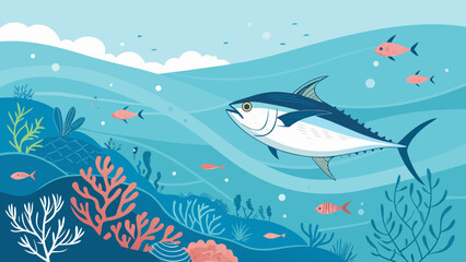 Vector illustration of a cartoon blue shark swimming underwater in the deep blue ocean sea with aquatic marine life animals and fish like tuna in a nature art design