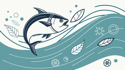 Obraz premium Vector illustration of a blue dolphin and whale swimming in the ocean waves featuring a cartoon marine design with nature silhouettes and water splashes