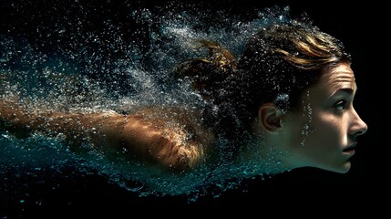 woman diving into water, side view, black background, dramatic lighting, frozen splash.Concept: Action performance, strength, endurance, sports-fitness, human potential, motion energy, determination