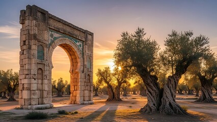 Fototapeta premium Ancient archway in an olive grove with islamic background