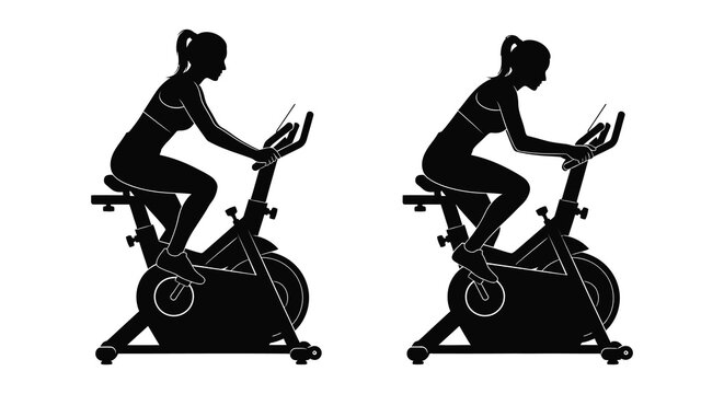 Woman exercising on a stationary bike in a dynamic pose silhouette