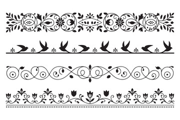 Set of Four Elegant Black Floral and Ornamental Border Dividers Illustration