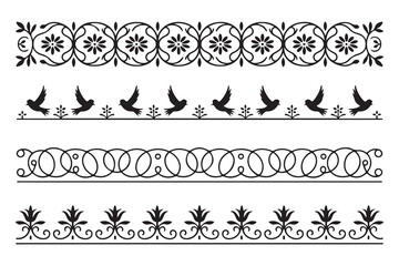 Set of Four Elegant Black Floral and Ornamental Border Dividers Illustration