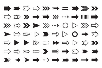 Large Collection of Black Arrow Icons in Various Styles and Directions Set