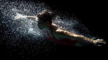 woman diving into water, side view, black background, dramatic lighting, frozen splash.Concept: Action performance, strength, endurance, sports-fitness, human potential, motion energy, determination
