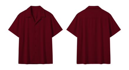 Blank Maroon Red Short Sleeve Camp Collar Shirt Mockup, Front and Back Views Isolated on Transparent Background