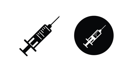 Two depictions of a medical syringe one with a circular background silhouette