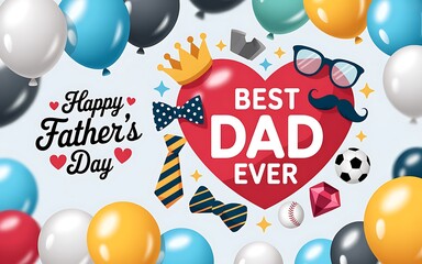 Fathers day celebration greeting poster with best dad ever heart typography, balloons bow tie crown sunglasses and mustache icons, colorful vector illustration for cards banners gifts and social media