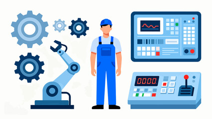 Worker with robotic arm and control panels