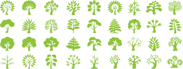 Fototapeta premium Set of green tree icons and silhouettes for ecology and nature design
