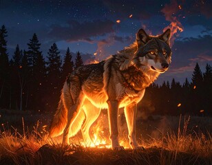 Wolf standing in dark forest surrounded by flames, fur glowing with bright orange-red hues, especially on legs, back, and tail, evoking mysticism, power, and fantasy in a dramatic visual setting.