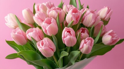 Obraz premium Elegant bouquet of pink tulips against a delicate pastel backdrop creating soft visual harmony