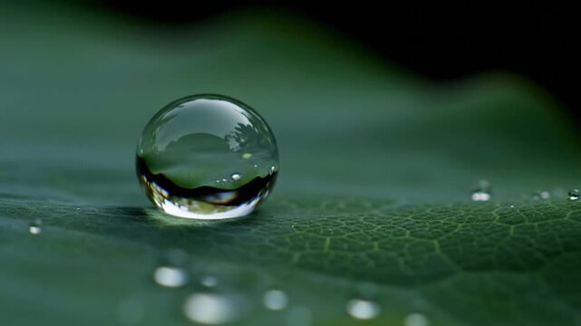 A pristine, spherical water droplet rests perfectly on a vibrant green leaf, refracting the inverted surroundings in this macro shot, highlighting the leaf's texture and the water's clarity.