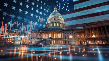United States capitol building at night with digital financial graph overlay and blurred American flag. Concept of government, economy, and finance.