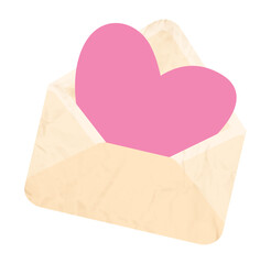 Love letter open envelope halftone collage element. Clip art, cut out romantic mail Crumpled paper texture and pink doodle heart. Modern retro mixed media vector illustration on transparent background