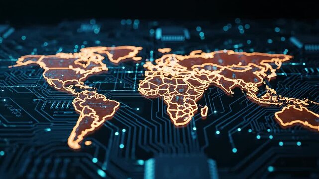 Digital world map with glowing orange continents on a blue circuit board background.