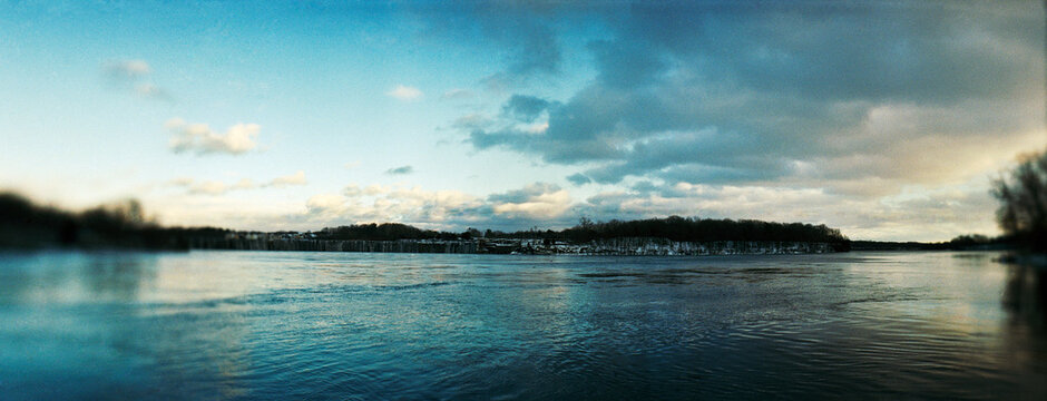 Panoramic view of Mohawk river and Cohoes Falls from Falls View State Park, Cohoes, NY